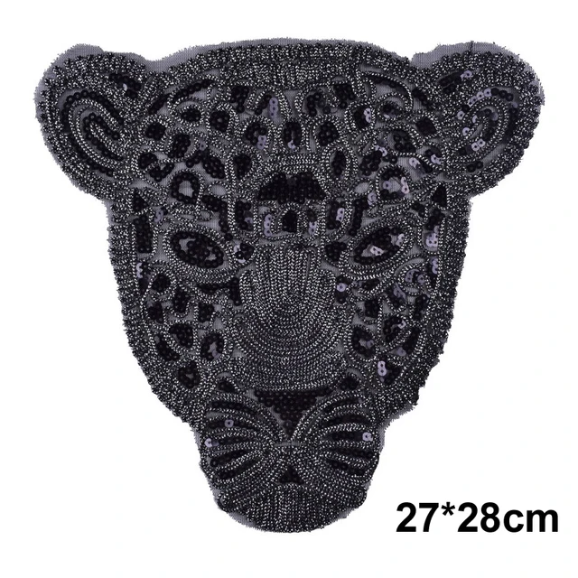 New Large Gold Sequins Leopard Head Patch DIY Clothes Patches For Clothing Sew-on Embroidered Tiger Motif Applique Crafts Black