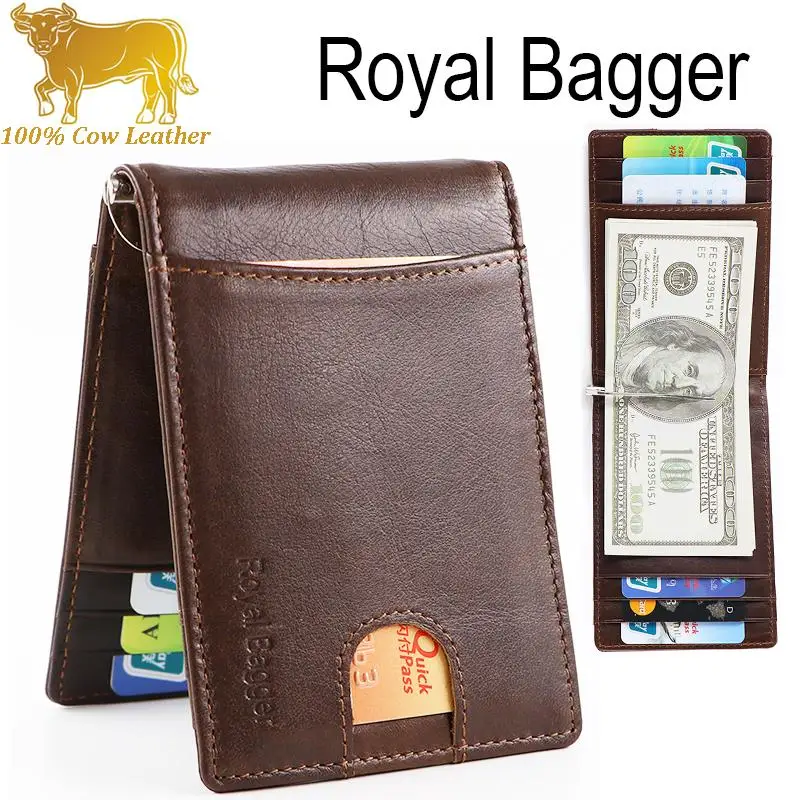 

Royal Bagger Super Thin Sling Card Clip Holder Short Wallet For Men Genuine Cow Leather Rfid Anti-Theft Cool Clutch Bags