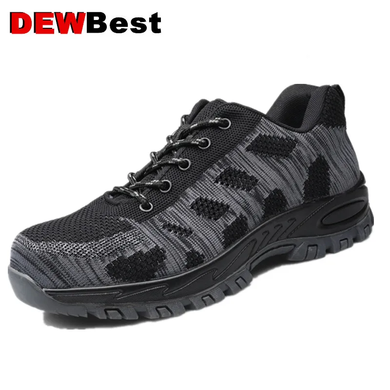 fashion ultra light breathable comfortable flying woven safety labor insurance shoes sneakers - Color: Black