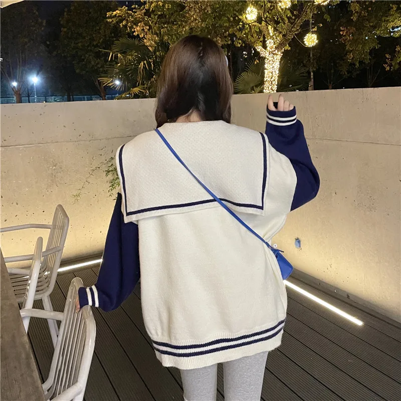 Retro Sailor Collar Contrast Color Sweater Coat Women's Autumn and Winter New Loose Large Lapel Sweater pink sweater