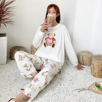 

Pyjama Women Loose and Soft Cartoon Bear Animal Print Cotton Pajamas Long-sleeved Trousers Can Be Worn Outside Pijama Feminino