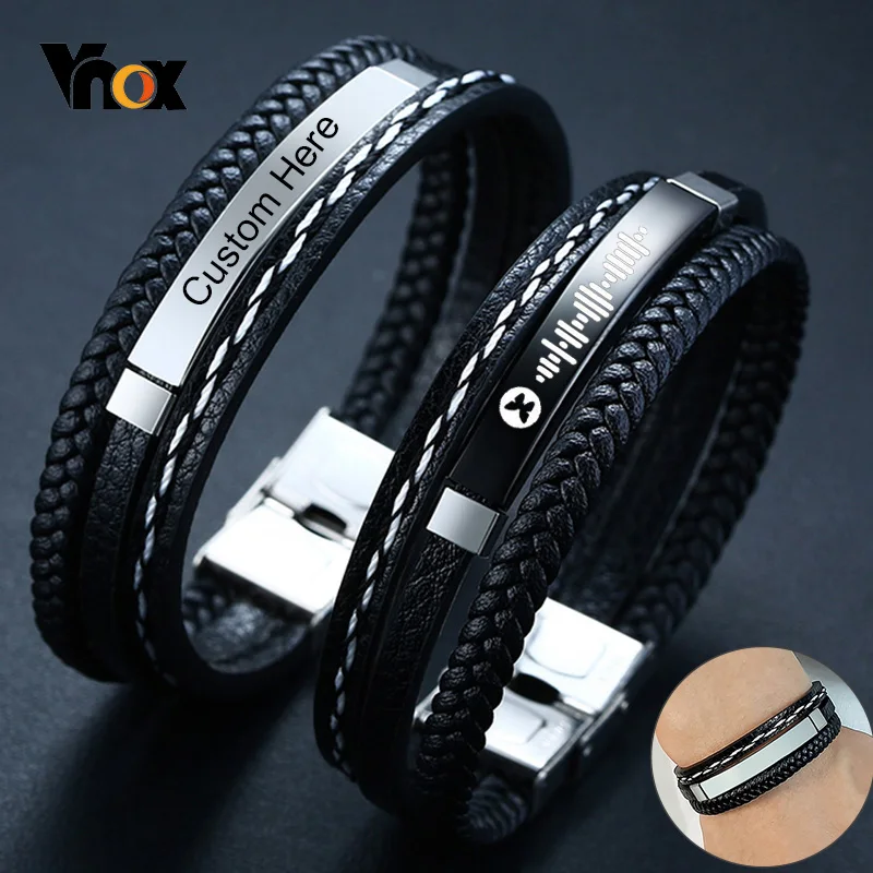 Vnox Customize Name Quotes Leather Bracelets for Men Glossy Stainless Steel Layered Braided Bangle Personalized DAD Husband Gift