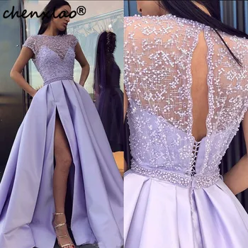 

Lavender Evening Dresses Elegant Prom Dress Slit Women Satin Formal A line Party Gown robe soiree vestido de festa