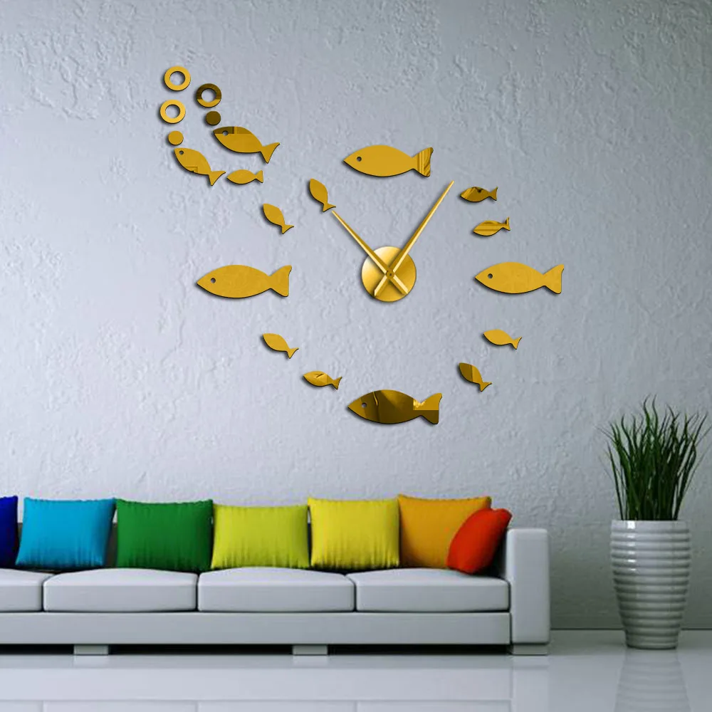 Fish With Bubble DIY Giant Wall Clock Mirror Effect Wall Art Home Decor Aquarium Decoration Frameless Big Needle Clock Watch 6