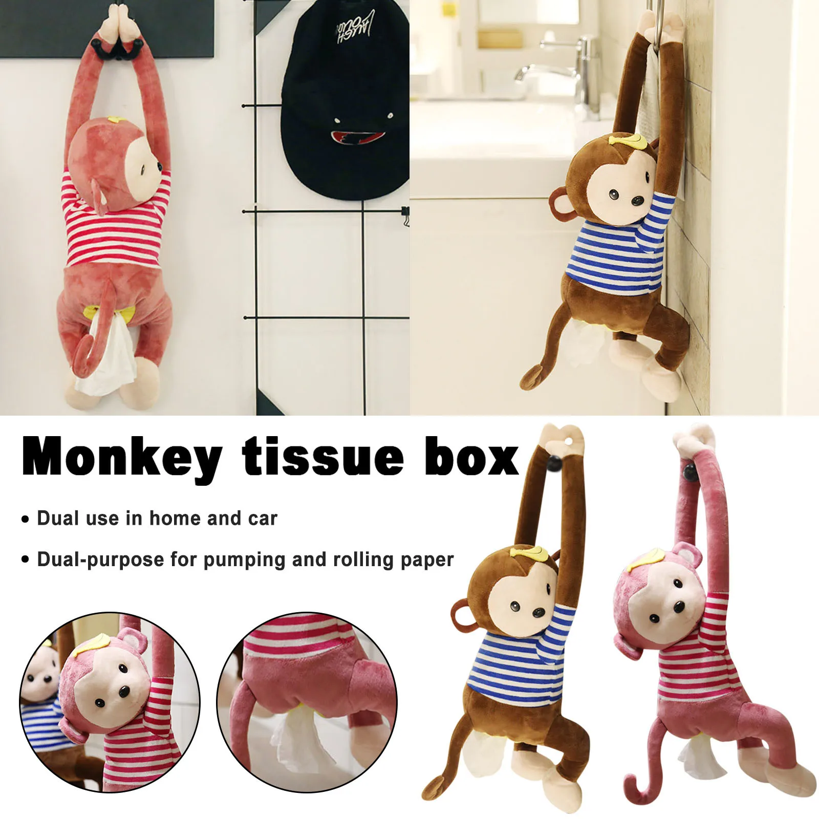 1pc Monkey Design Creative Car Tissue Box Holder, Cartoon Cute Car Hanging  Tissue Box, Car Interior Decoration For Girl