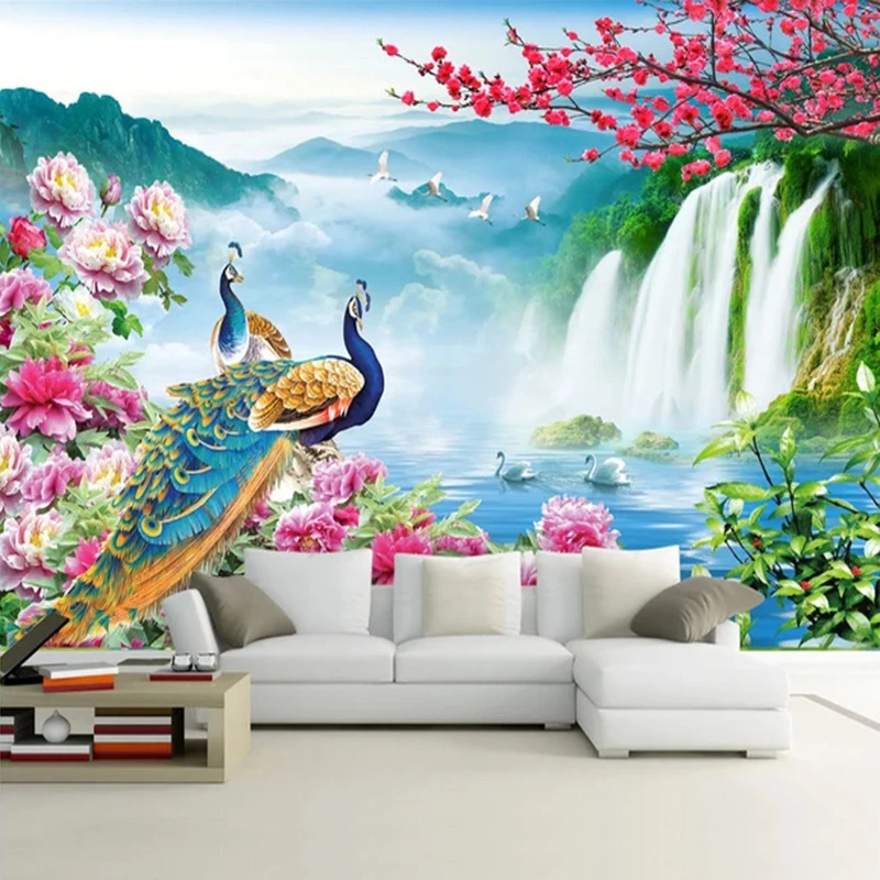Custom3DPhotoWallpaperWallPaintingPeacockWaterfallNature