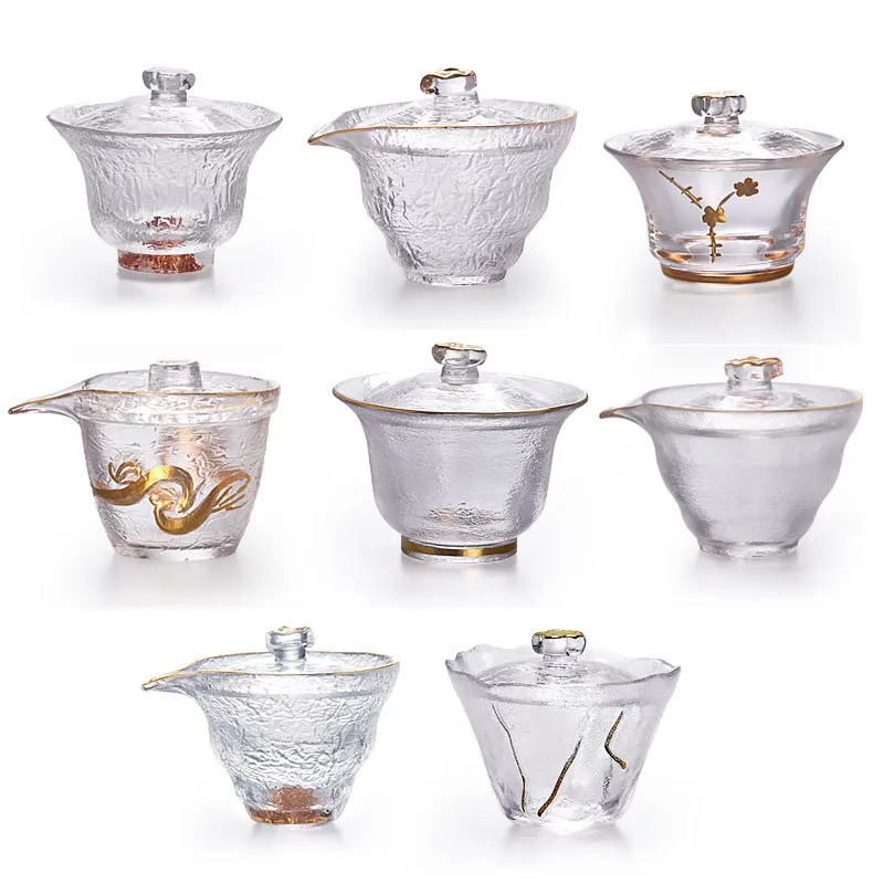 Japanese Style Glass Gaiwan Tea Cup and Lid Gold Painted Gongfu Tea Bowl Chinese Bowl 150ml