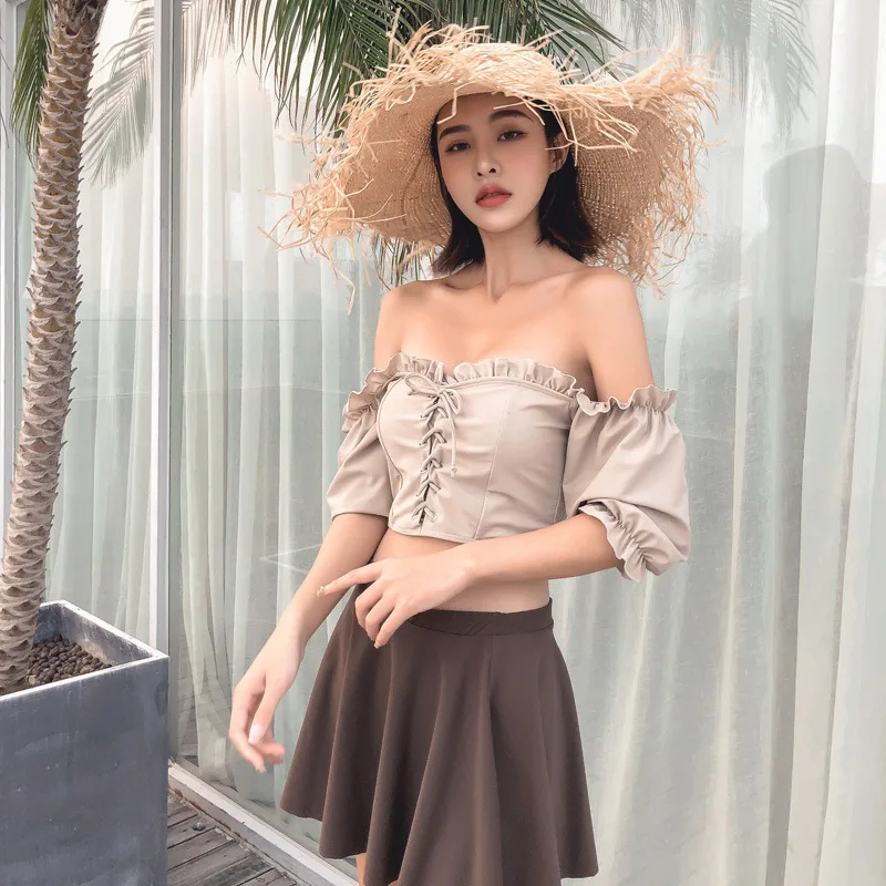 

Bathing Suit Women's Split Type Three-piece Set Push up Lace-up Short Puff Sleeve New Style Sexy Graceful Belly Covering Skirt B