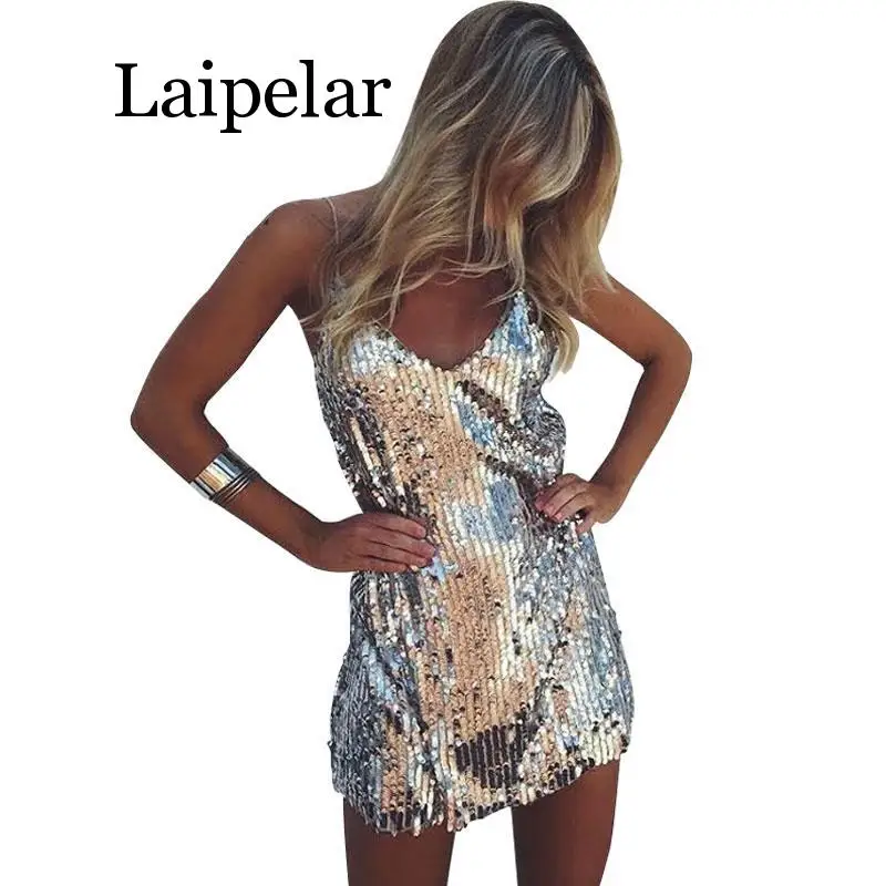 

Sexy Women Deep V Neck Autumn Silver Sequined Backless Dress Lady Off Shoulder Mini Dress Party Club Strap Vestidos Dresses