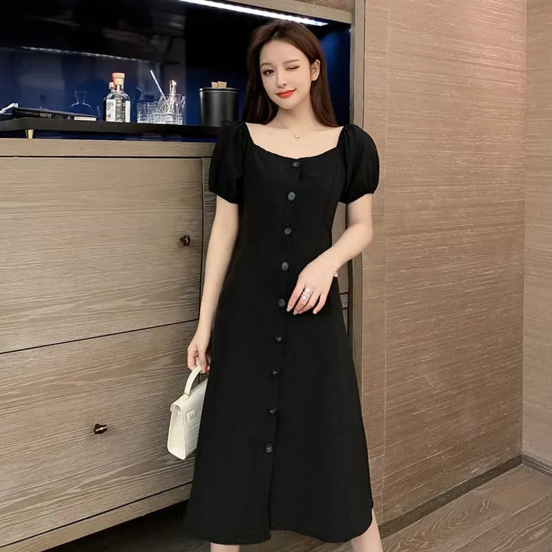 French Retro Puff Sleeve Square Collar Dress Women 2020 Summer Plus Size Single-Breasted Elegant Dress Korean Office Party Dress