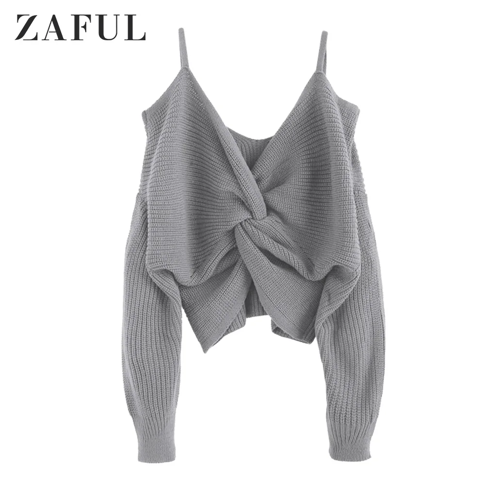 ZAFUL, пуловер с v-образным вырезом и открытыми плечами, свитер, 8 цветов, женские джемперы, Осенние повседневные топы с длинным рукавом, вязаные свитера