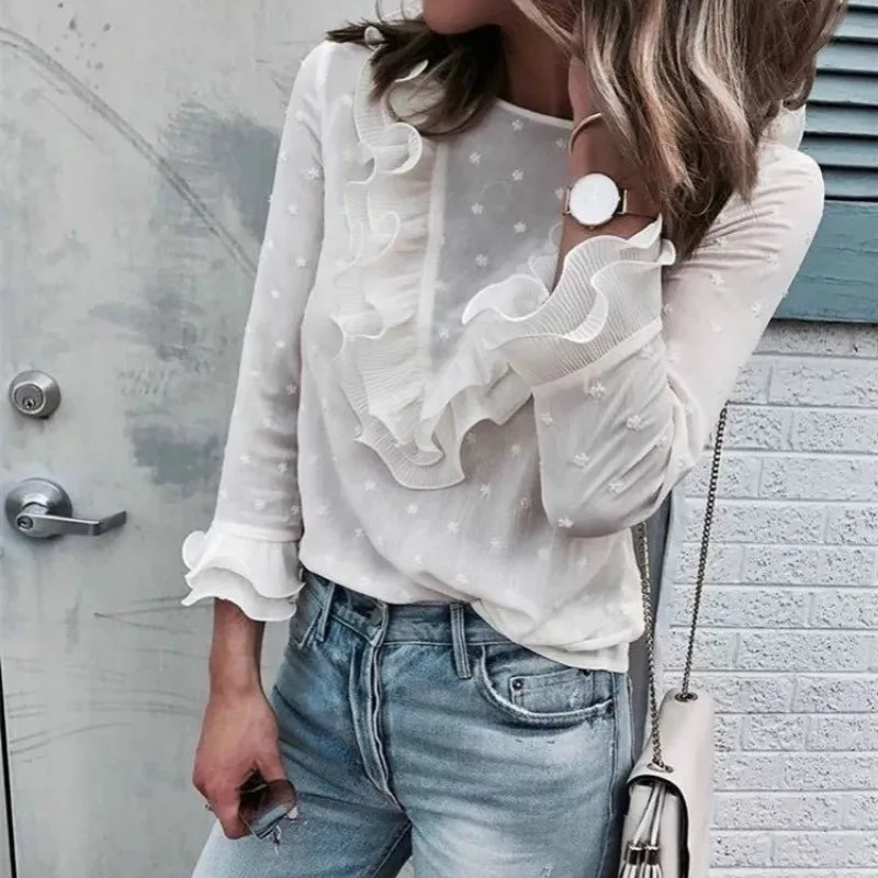 

Autumn Fashion Women's Top with White Dot Lace Round Neck and Button Back Chiffon Polka Polyester Korean Clothing