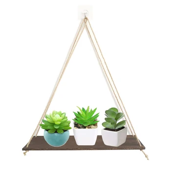 

Home Wall Mounted Rope Wooden Hanging Storage Rack Floating Shelf Display Decor 5.5x17.7 inch