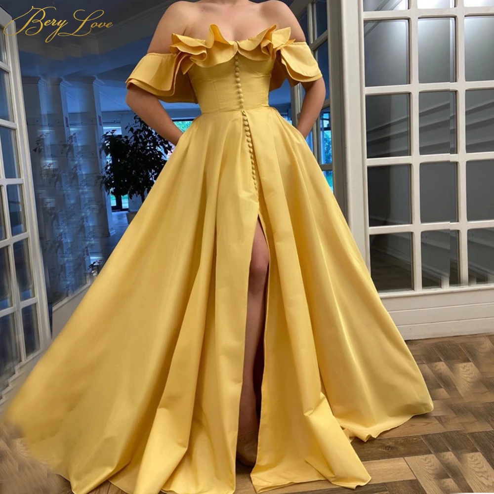Golden Yellow Evening Dresses 2021 Long Satin A line Ruffle Off Shoulder Slit Formal Gown Side Sleeves Dress Prom Buttons | Свадьбы и