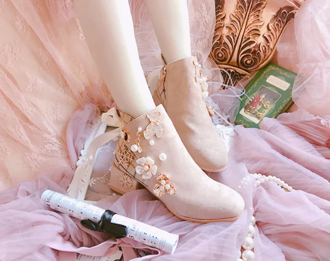 Трехмерная Цветочная мозаичная клетчатая лента; милые короткие ботинки Лолиты на платформе для девочек; корейский стиль Харадзюку; обувь Лолиты лоли