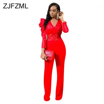 

Lace Splice Elegant Rompers Womens Jumpsuit Deep V Neck Long Puff Sleeve Straight Bodysuit Sexy High Waist Cut Out Party Overall