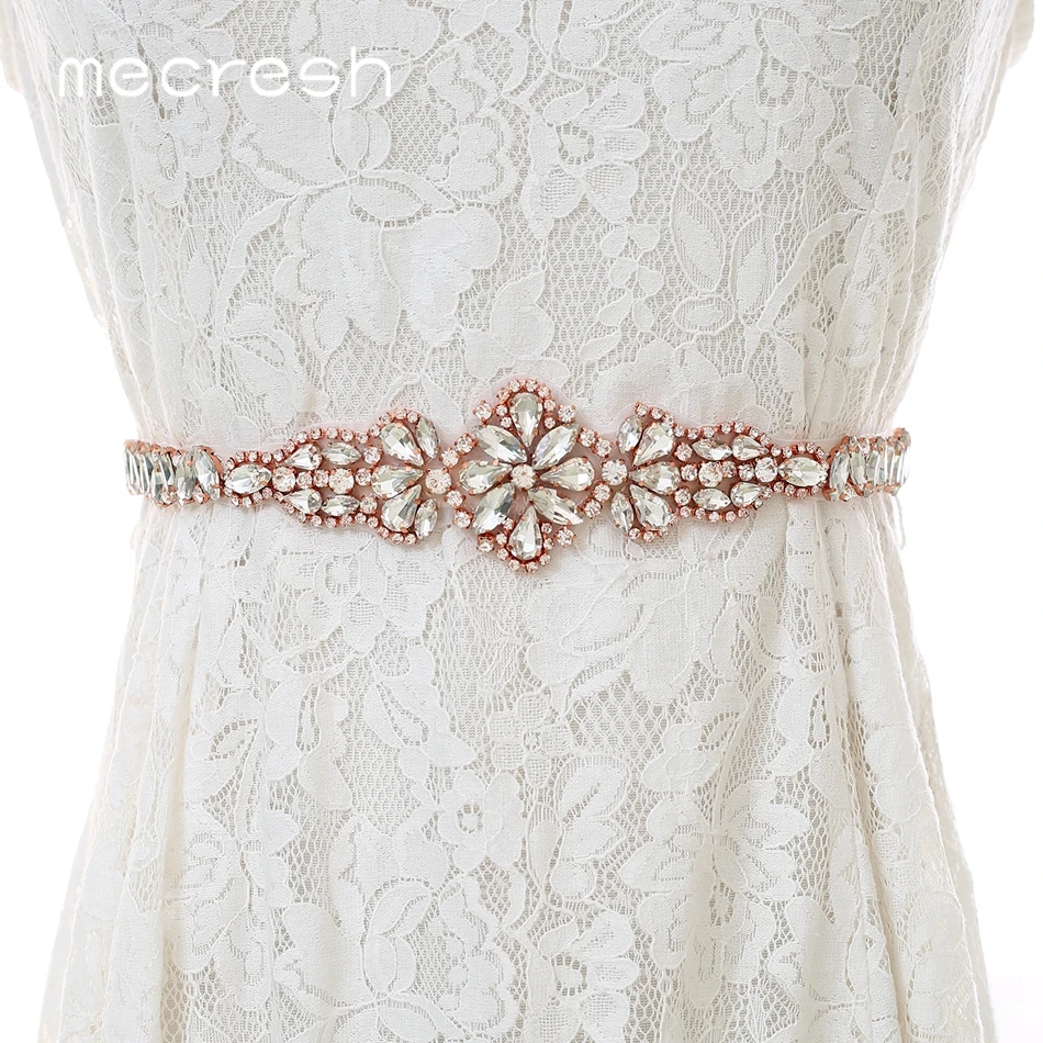 Mecresh Rose Gold Wedding Dress Belt Rhinestone Belt Bridal Accessories Women Crystal Flower Ivory Pink Belt Sash 270CM MYD035
