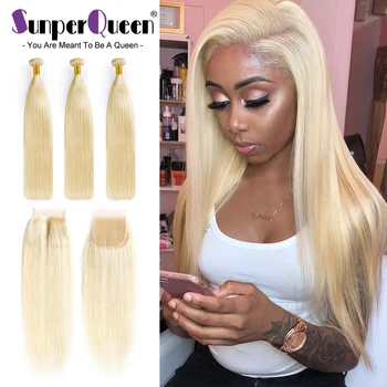 

613 Straight Remy Hair Brazilian Hair Straight Blonde Human-Hair-Bundles With Closures 4 PC Virgin Hair Extensions