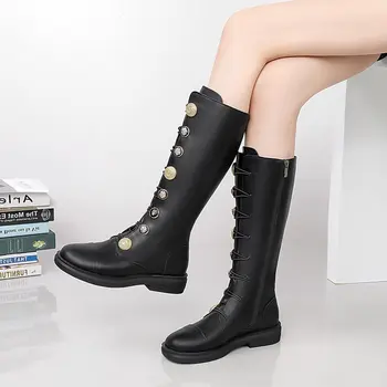 

2020 Classic Round Toe PU Leather Women's Boots Fashion Metal Button Low Heels Mid Calf Boots Woman Autumn Winter Shoes