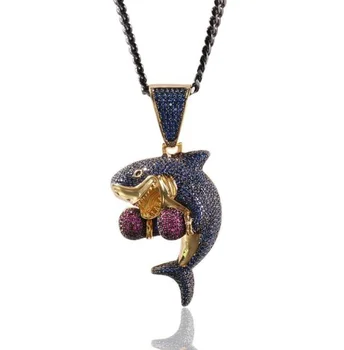 

Cartoon Shark Necklace Hip Hop Full Iced Out Cubic Zirconia Gold Sliver CZ Stone Pendant Necklace Jewelry