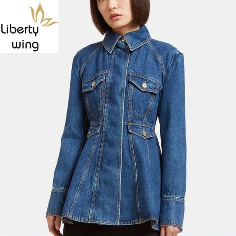

Sweet Long Sleeve Covered Button Womens Denim Short Spring Slim Fit Pockets Female A-Line Dresses Fashion Streetwear