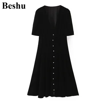 

za 2019 fashion mini dress women black elastic velvet vintage elegant V-neck dress diamond button short sleeve vestidos mujer