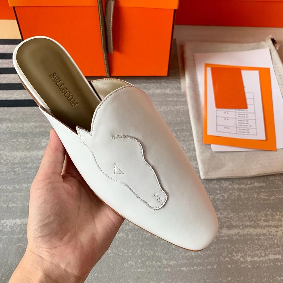 

BELLECOM Fall 2019 New Slippers Female Leather Flat Bottom Half Slipper Head Wear Cold Slippers