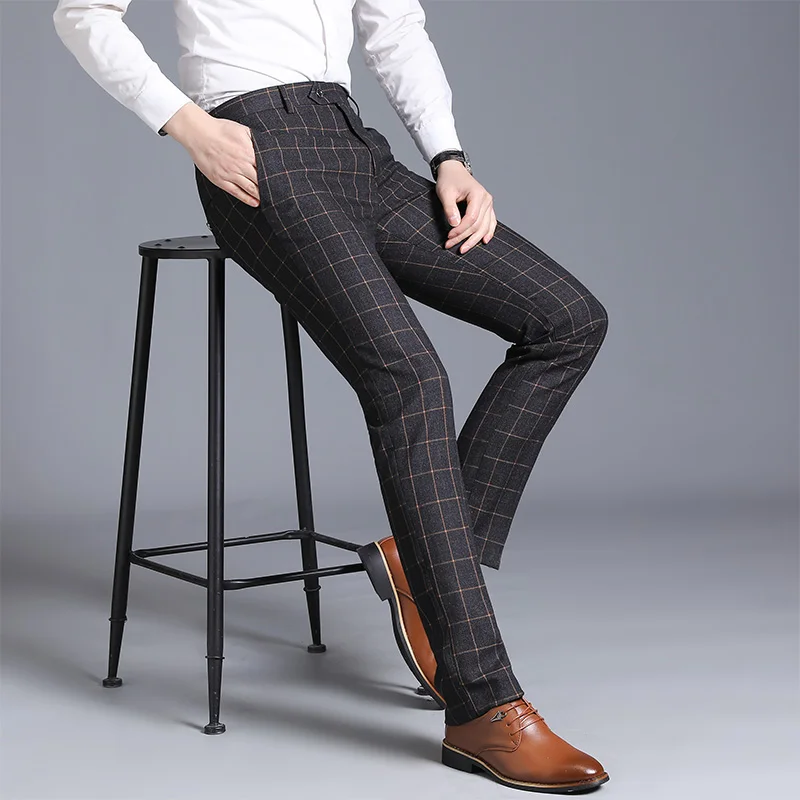 Бренд деловые штаны Для мужчин для бизнес на каждый день Slim Fit Длинные брюки высокое качество в английском стиле; классические клетчатые офисный костюм со штанами на свадьбу