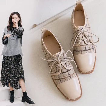 

2020 New British Style Women's Casual Shoes Mosaic Leather Low-heels Lace-up Occupational Footwear Business Footware