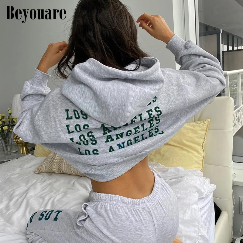 

Beyouare Casual Sport Women Hoodie 2020Autumn LOS ANGELES Letter Print Long Sleeve Cropped Top Cotton Gray Streetwear Hooded Top