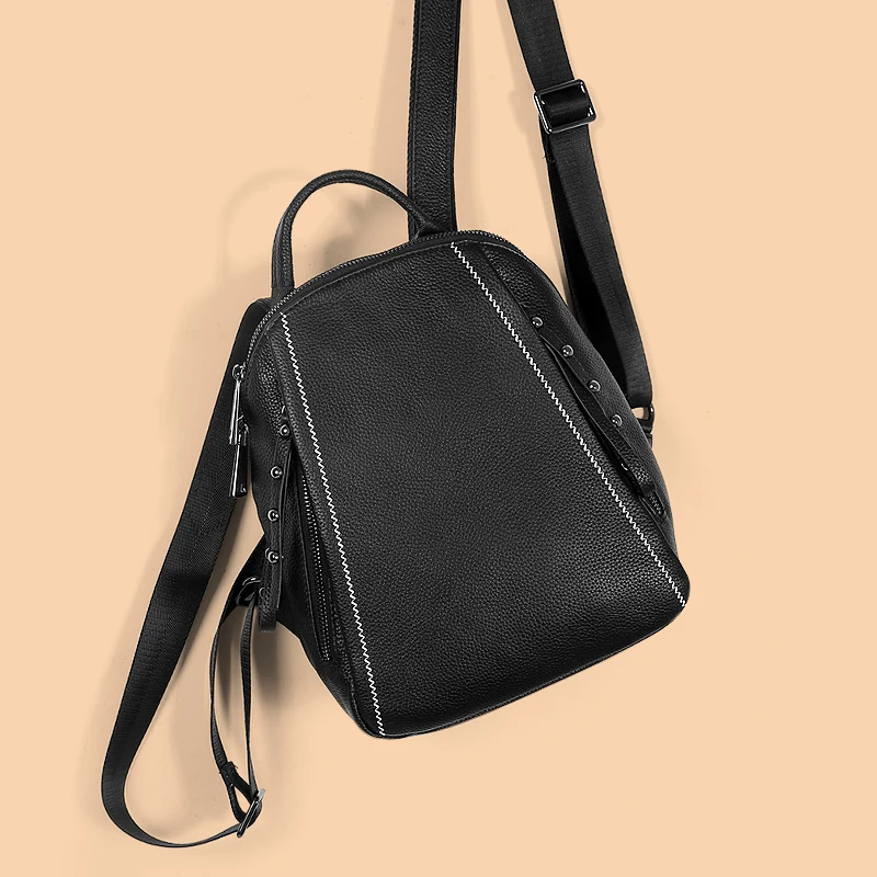 

2019 Korean Style Head Layer Cowhide Leather Large Women Backpack Double Zipper Anti-theft Design Girl Bagpack Travel Bag Black