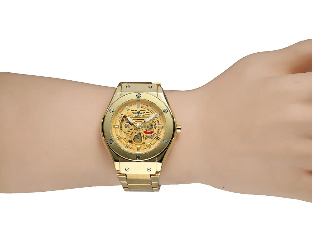 WINNER хип-хоп золотые мужские автоматические механические часы с металлическим ремешком и скелетонным циферблатом Лидирующий бренд роскошный дизайн мужские наручные часы Мужские часы