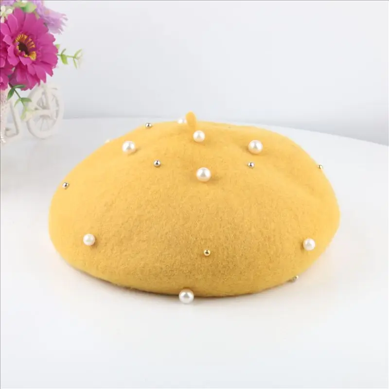 Bright yellow Dilidala, новинка, женский берет для женщин, милая и милая теплая шерстяная фетровая шапка с жемчугом, осенняя и зимняя шапка конфетного цвета с тыквой - Цвет: Bright yellow