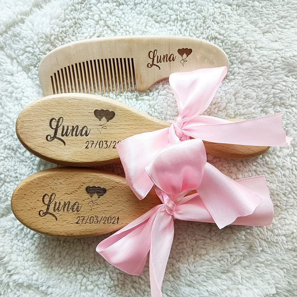 Personalized Baby Care Hair Brush Pure Natural Wool Wood Comb , Engraved Newborn Massager Baby Shower and Registry Gift