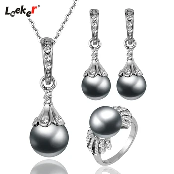 LEEKER 2020 Hot Sale Vintage Imitation Pearl Wedding Jewelry Set Silver Color Necklace Earring Ring Set For Women Gifts 252 LK6