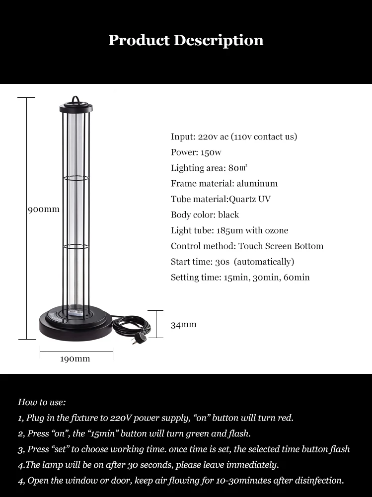 150w sterilizing UV lamp with ozone