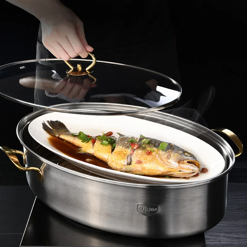 304 Stainless Steel Fish Steamer elliptical steamed fish pot MultiUse Oval Roasting Cookware