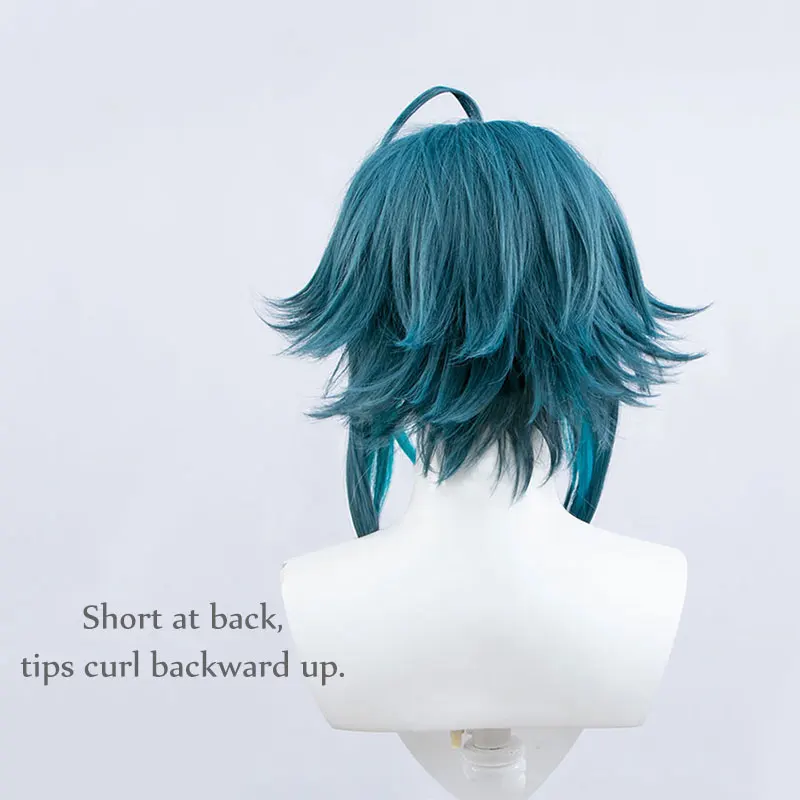 Synthetic short wig Xiao Genshin Impact Vigilant Yaksha Dark blue color curly wigs for men women Cosplay party Hair extension 3