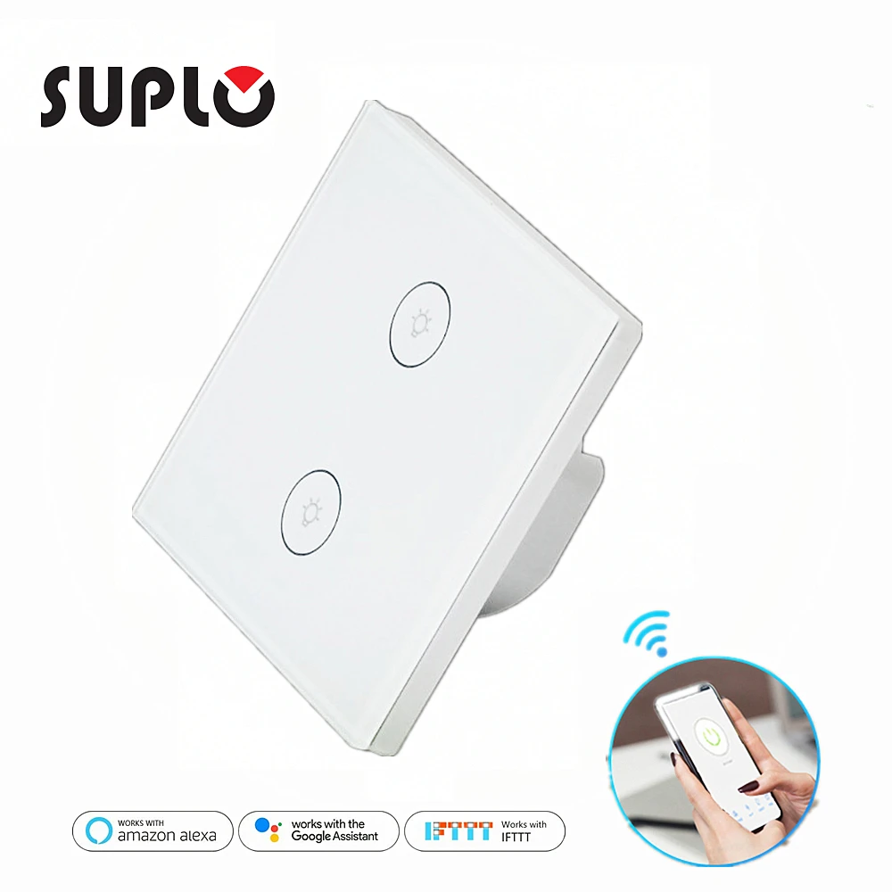 

SUPLO Wifi Smart Wall Touch Switch Glass Panel EU Standard 2 GANG APP Remote Control Works with Amazon Alexa Google Home