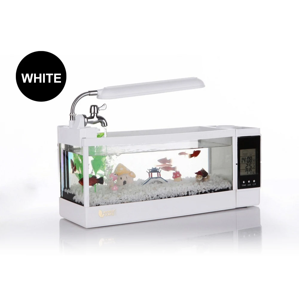 Upgraded Mini Plastic Fish Tank Blue LED Lihgt Desktop Aquarium Fish Bowl with Water Filtration Quiet Air Pump Mini Aquarium