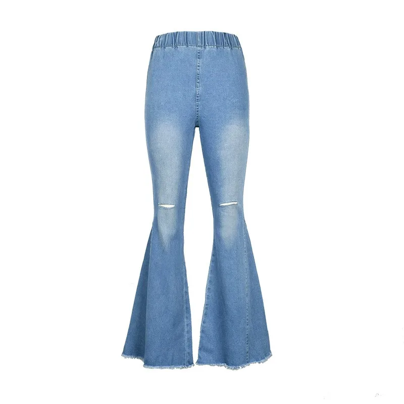 Джинсовые брюки-клеш, Ретро стиль, рваные джинсы, женские брюки, женские повседневные Облегающие расклешенные брюки с эластичной резинкой на талии, джинсовые брюки,, уличная одежда