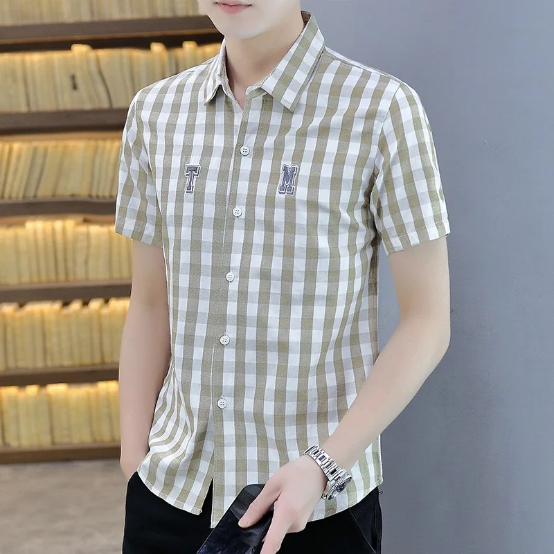 

Рубашка мужская с квадратным вырезом, модная удобная приталенная дышащая повседневная сорочка в клетку, с короткими рукавами, лето