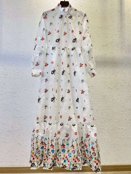 

Runway Fashion Maxi Dress Women Autumn Long Lantern Sleeve Ladies Flower Embroidery Luxury Designer White Party Dress