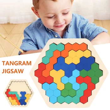 

Children Tangrams Honeycomb Logic Jigsaw Puzzles Kids Wooden Colorful Hexagon Puzzles Table IQ Game Educational Toys Gifts