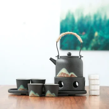 

Japanese-style Hand-painted Zen-like Multi-color with Tray Candle Heating Furnace Tea Set Office Home Chinese Style Kung Fu Tea
