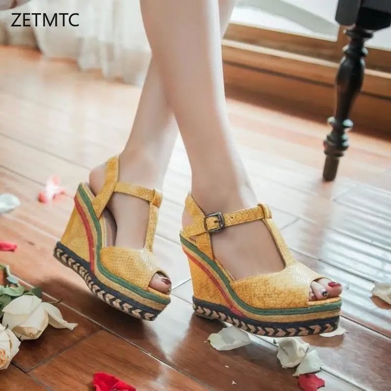 

womens shoes platform high super 10cm Casual summer shoes open toe chunky heels wedge sandals Snake pattern fashion T-tied new