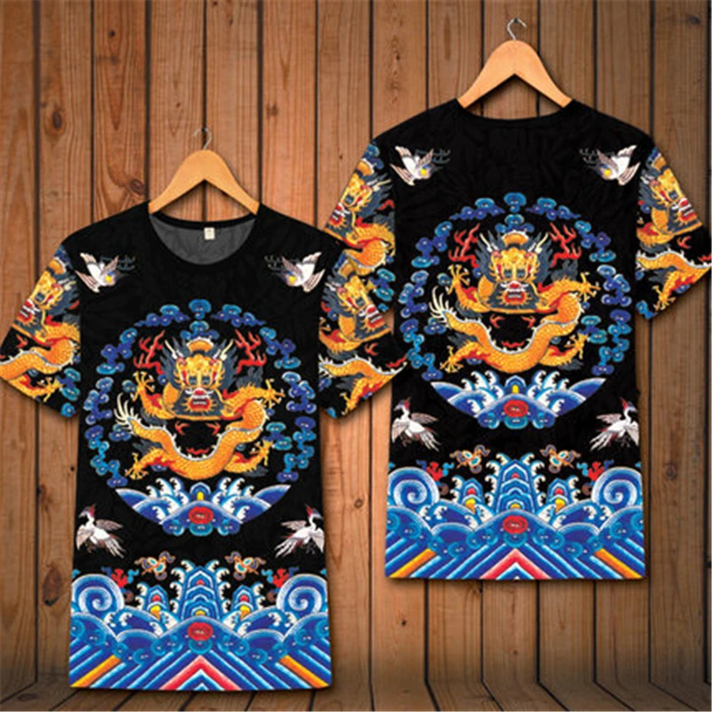 

Chinese style Qing Dynasty emperor clothes fashion quality t-shirt Dragon pattern printing Summer 2020 short sleeve t shirt men
