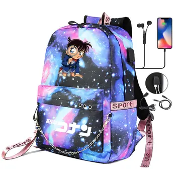

New Anime Cartoon Cute Conan Prints Boys Girls Kids School bag Women USB Chain Backpack Canvas Men Bagpack Packsack Bookbag
