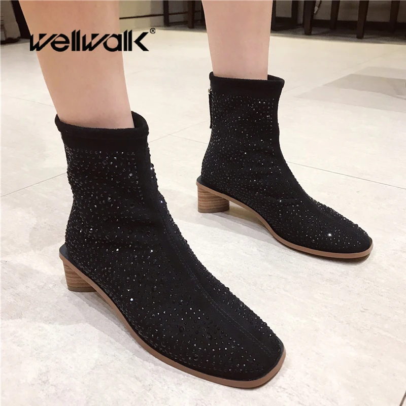

Rhinestone Ankle Boots Women Dress Winter Shoes Round Heel Wooden Printed Slip on Ladies Wedding Party Club Booties Stylish Chic