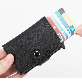 

YAMBUTO New Button Rfid Blocking Protection Men Credit Card Holder PU Leather Wallet Metal Aluminum Business Bank ID Card Case